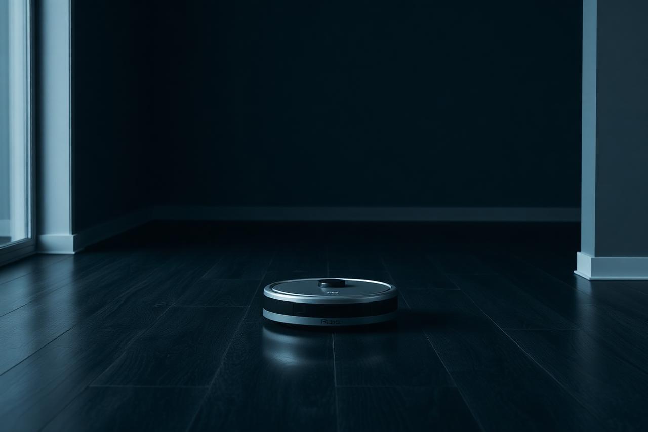 Robot vacuum on a dark hardwood floor as an investigation subject